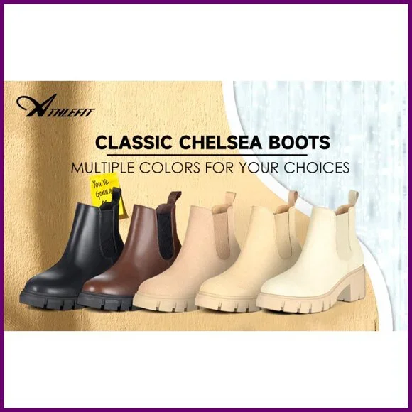 Women's Chelsea Boots Lug Sole Chunky Heel Slip On Elastic Ankle Booties